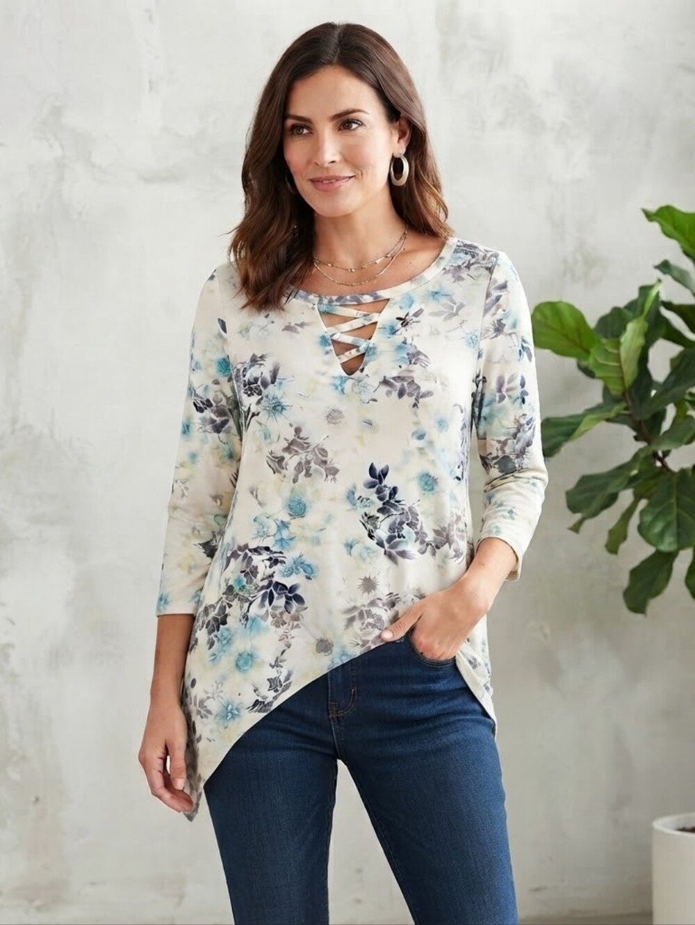 Nue Options Floral Lattice-Neck Tunic Top | Small (S) | Blue & Grey | Asymmetri